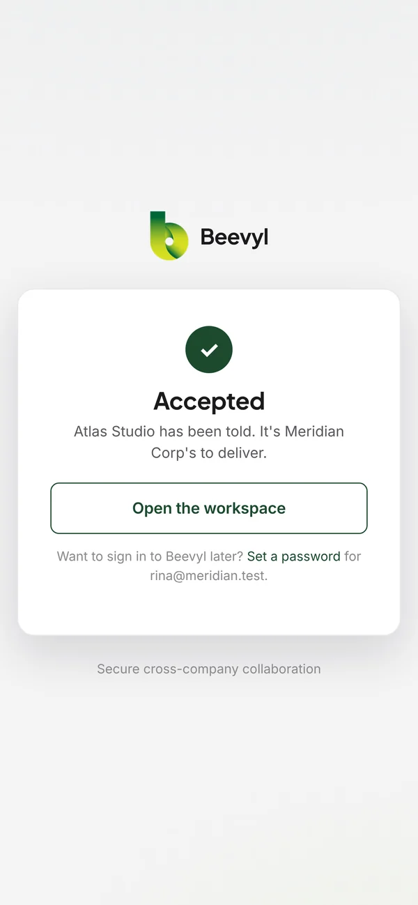 After answering: Accepted. Atlas Studio has been told. It’s Meridian Corp’s to deliver.