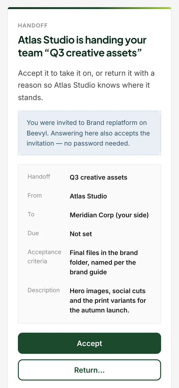 The handoff email on a phone: Atlas Studio is handing your team “Q3 creative assets”, with the handoff’s details and Accept and Return buttons.