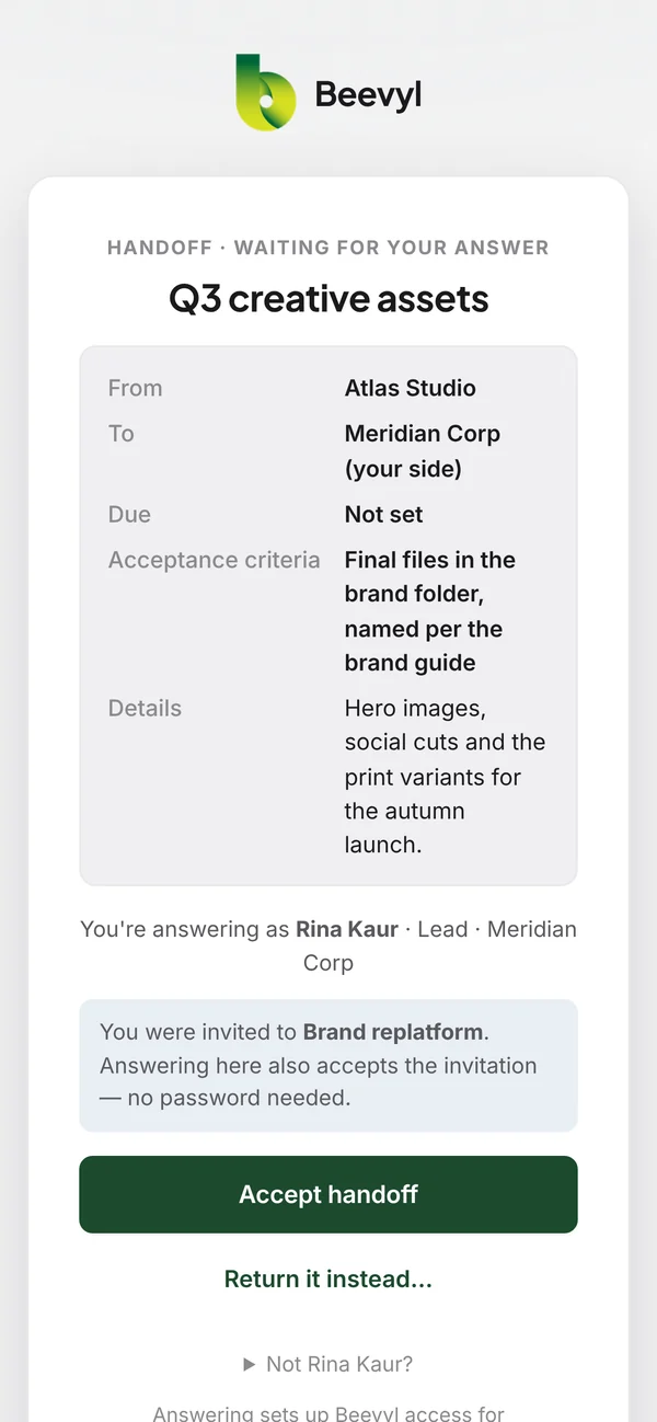 The page the email’s button opens: the handoff, who you’re answering as, and an Accept handoff button.